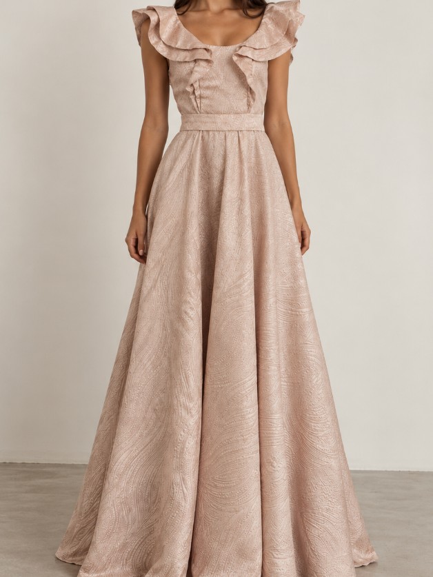 Vestido de festa, de tafeta, tecido rosa com brilho
